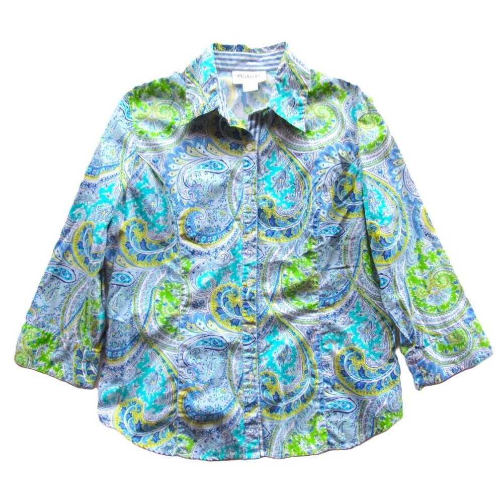 Chadwicks Women Shirt/Top Floral Blue/Green Buttons-Up 3/4 Sleeves Cotton Sz 14